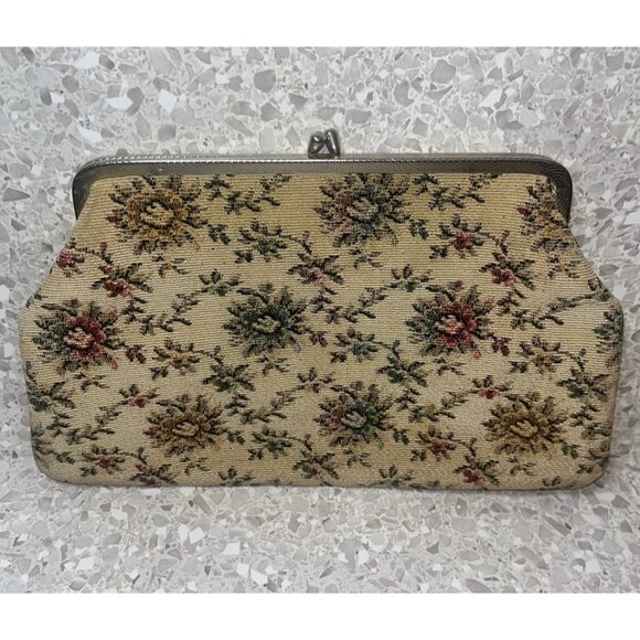 Handbags - Tapestry Floral Clutch Kiss Closure Bag Purse Vintage Gold Tone Hardware 12 x 8"